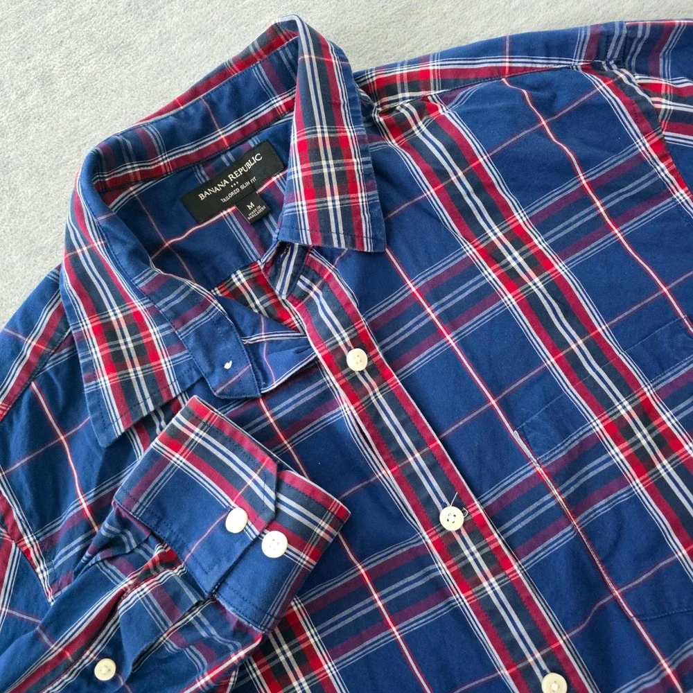 Banana Republic Mens Tailored Slim Fit Plaid Button Down Shirt Navy Red Size M